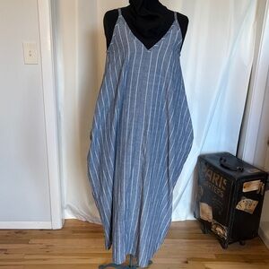 Cotton blue white striped spaghetti strap cotton dress with deep pockets breezy